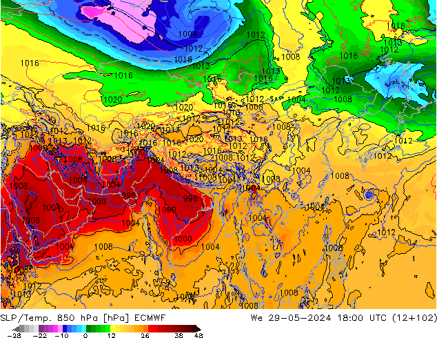 SLP/Temp. 850 hPa ECMWF Qua 29.05.2024 18 UTC