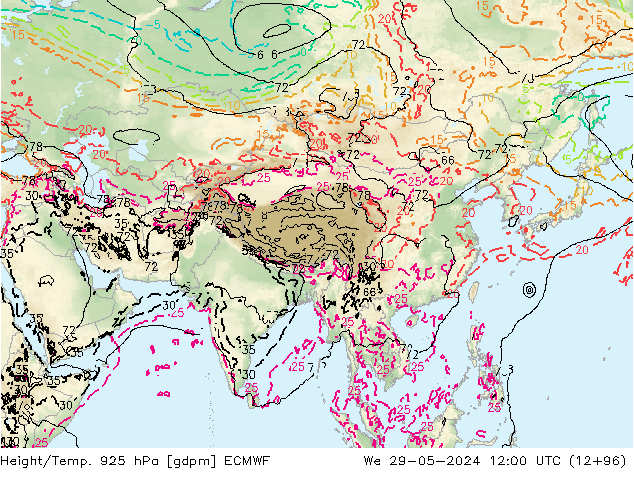 Height/Temp. 925 hPa ECMWF St 29.05.2024 12 UTC