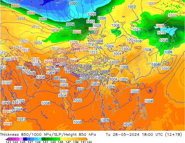 Thck 850-1000 hPa ECMWF Tu 28.05.2024 18 UTC