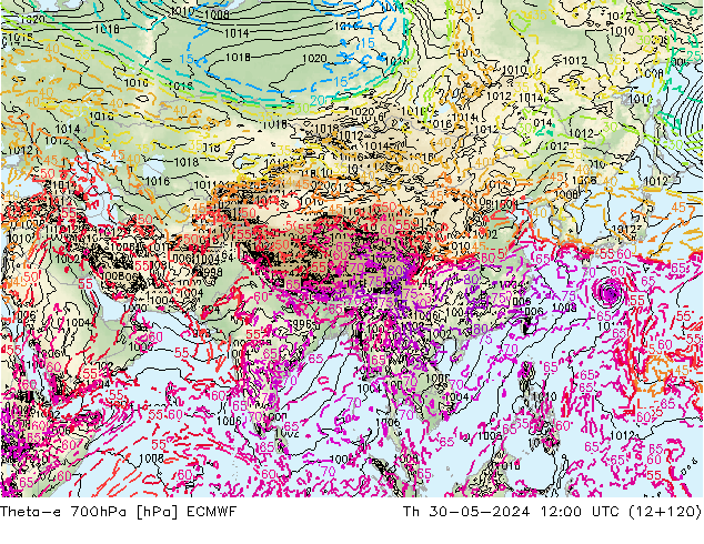 Theta-e 700hPa ECMWF Čt 30.05.2024 12 UTC