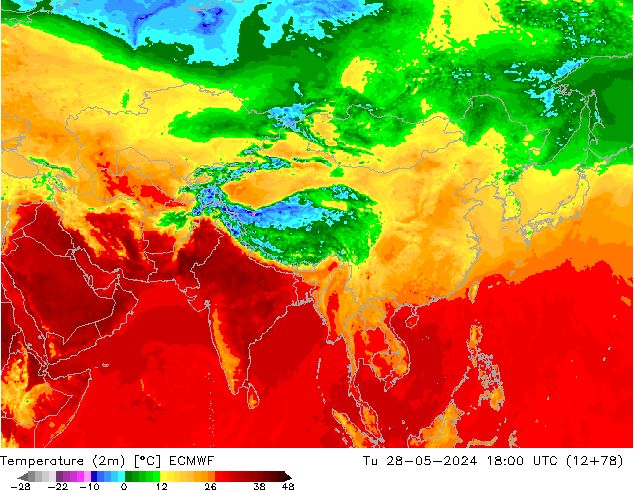 карта температуры ECMWF вт 28.05.2024 18 UTC