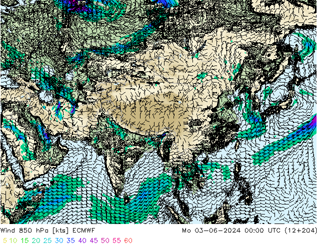 Vento 850 hPa ECMWF Seg 03.06.2024 00 UTC