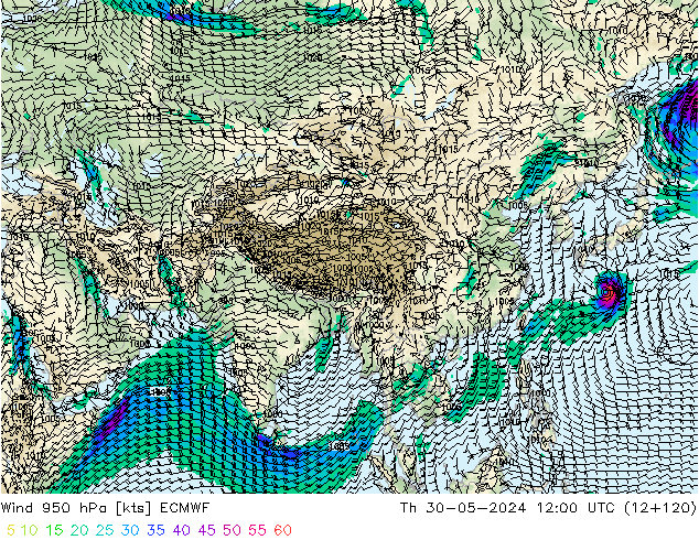 Wind 950 hPa ECMWF Čt 30.05.2024 12 UTC