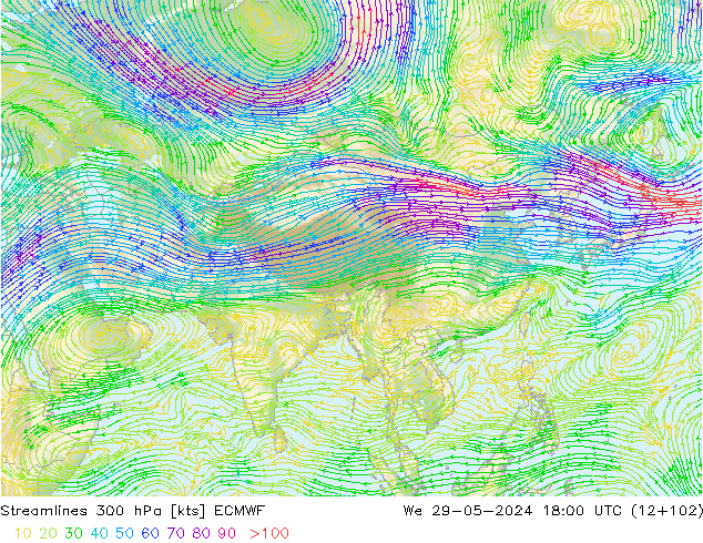 Linia prądu 300 hPa ECMWF śro. 29.05.2024 18 UTC