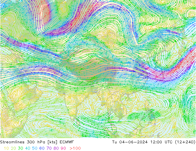 Streamlines 300 hPa ECMWF Út 04.06.2024 12 UTC