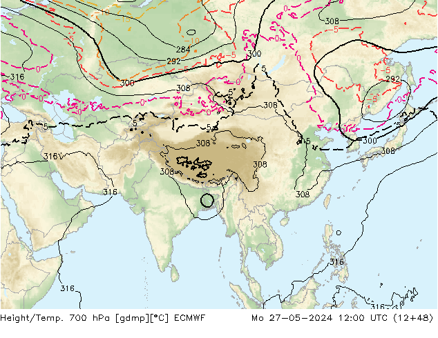 Height/Temp. 700 hPa ECMWF Mo 27.05.2024 12 UTC