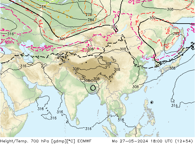 Height/Temp. 700 hPa ECMWF pon. 27.05.2024 18 UTC