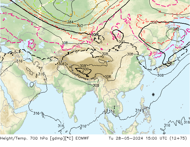 Height/Temp. 700 hPa ECMWF Út 28.05.2024 15 UTC