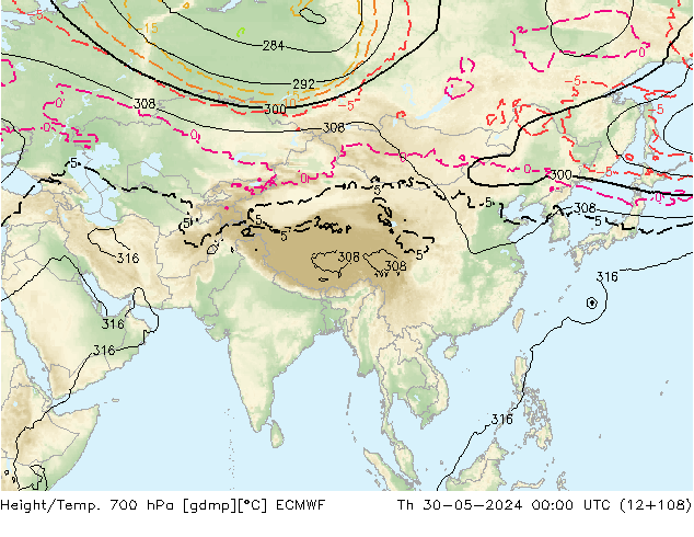 Height/Temp. 700 hPa ECMWF czw. 30.05.2024 00 UTC