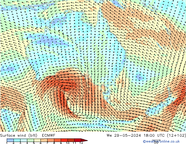 Surface wind (bft) ECMWF We 29.05.2024 18 UTC