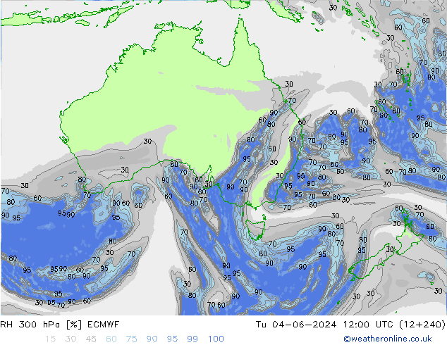 RH 300 hPa ECMWF Út 04.06.2024 12 UTC