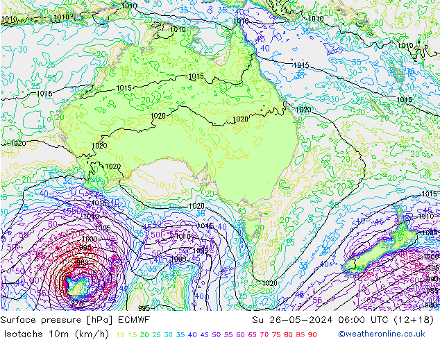 Isotachs (kph) ECMWF Su 26.05.2024 06 UTC