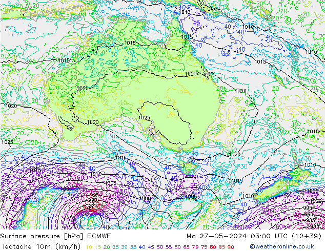 Isotachs (kph) ECMWF Mo 27.05.2024 03 UTC