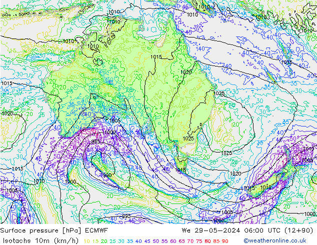 Isotachs (kph) ECMWF  29.05.2024 06 UTC