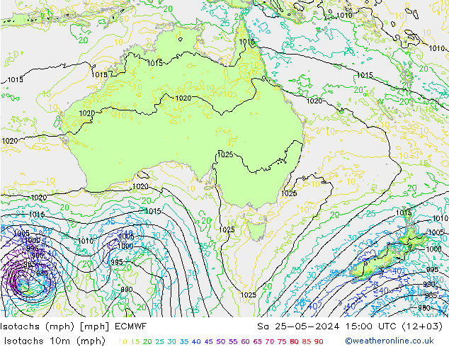 Isotachs (mph) ECMWF sab 25.05.2024 15 UTC