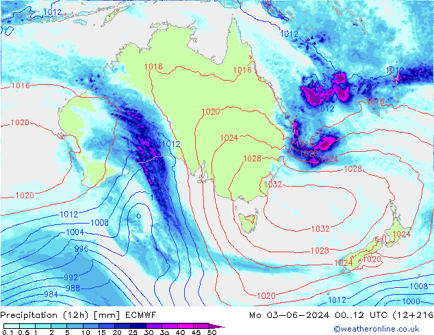 Precipitation (12h) ECMWF Po 03.06.2024 12 UTC