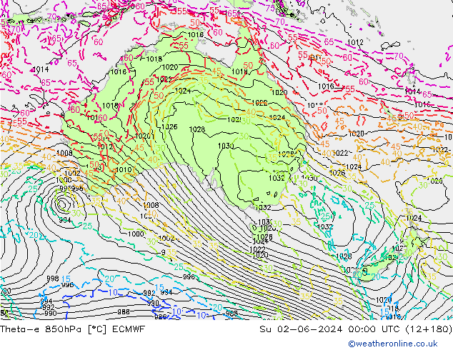 Theta-e 850hPa ECMWF Su 02.06.2024 00 UTC