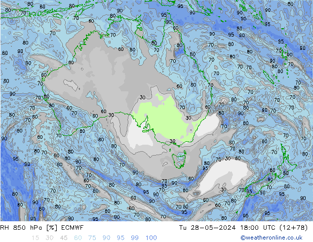 Humidité rel. 850 hPa ECMWF mar 28.05.2024 18 UTC