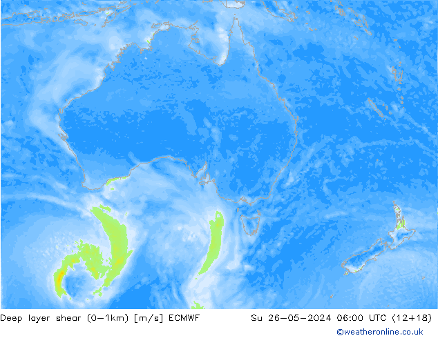 Deep layer shear (0-1km) ECMWF Su 26.05.2024 06 UTC