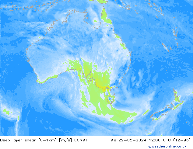 Deep layer shear (0-1km) ECMWF mer 29.05.2024 12 UTC