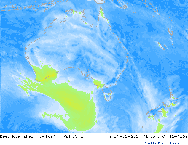 Deep layer shear (0-1km) ECMWF vr 31.05.2024 18 UTC