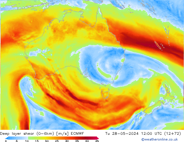 Deep layer shear (0-6km) ECMWF Ter 28.05.2024 12 UTC