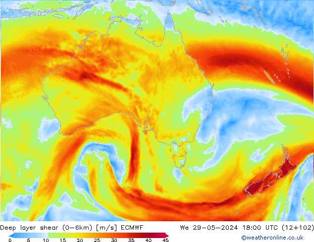 Deep layer shear (0-6km) ECMWF Çar 29.05.2024 18 UTC