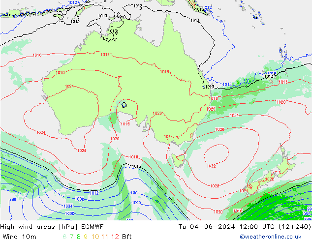 High wind areas ECMWF Út 04.06.2024 12 UTC