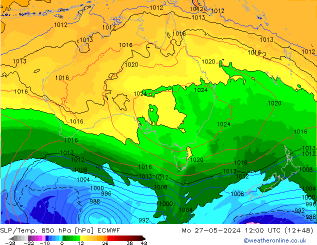 SLP/Temp. 850 hPa ECMWF pon. 27.05.2024 12 UTC