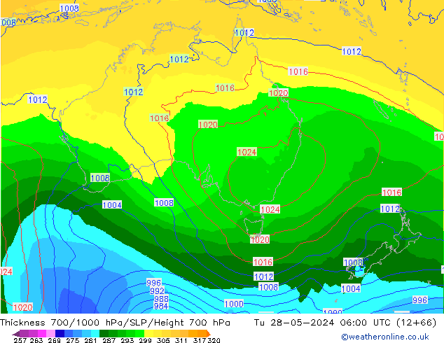 Thck 700-1000 hPa ECMWF Tu 28.05.2024 06 UTC