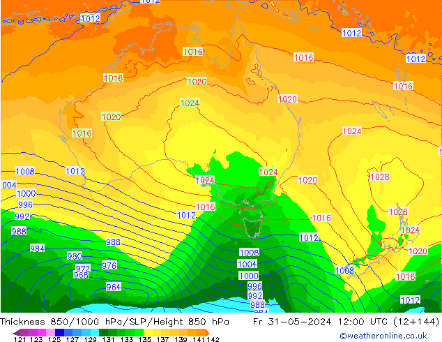 Dikte 850-1000 hPa ECMWF vr 31.05.2024 12 UTC