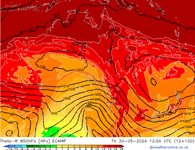 Theta-W 850hPa ECMWF Qui 30.05.2024 12 UTC