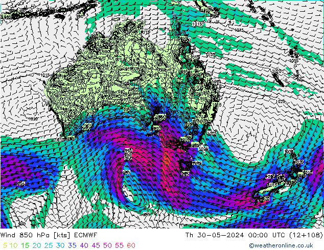 Wind 850 hPa ECMWF do 30.05.2024 00 UTC