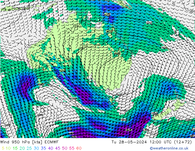 Neerslag 6h/Wind 10m/950 ECMWF di 28.05.2024 12 UTC