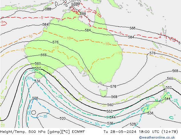 Z500/Rain (+SLP)/Z850 ECMWF wto. 28.05.2024 18 UTC