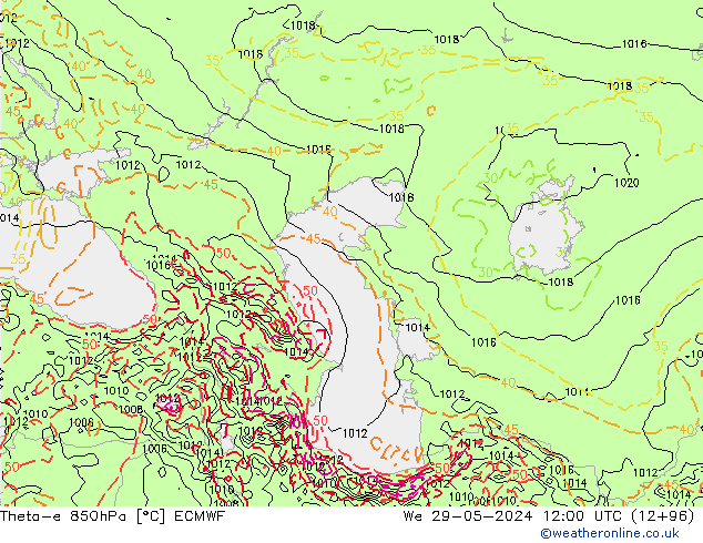 Theta-e 850hPa ECMWF Qua 29.05.2024 12 UTC