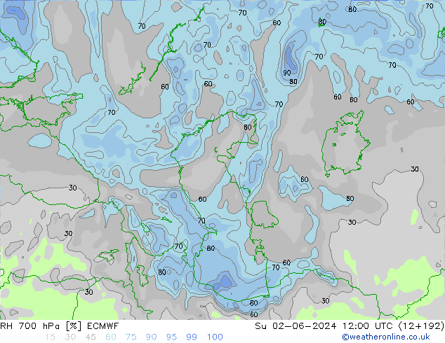 RH 700 hPa ECMWF Su 02.06.2024 12 UTC