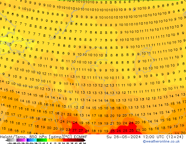 Height/Temp. 850 hPa ECMWF So 26.05.2024 12 UTC