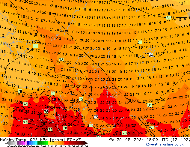 Height/Temp. 925 hPa ECMWF Qua 29.05.2024 18 UTC