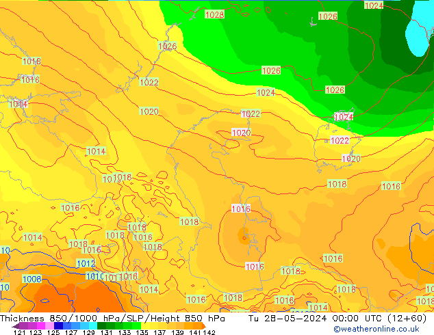 Dikte 850-1000 hPa ECMWF di 28.05.2024 00 UTC