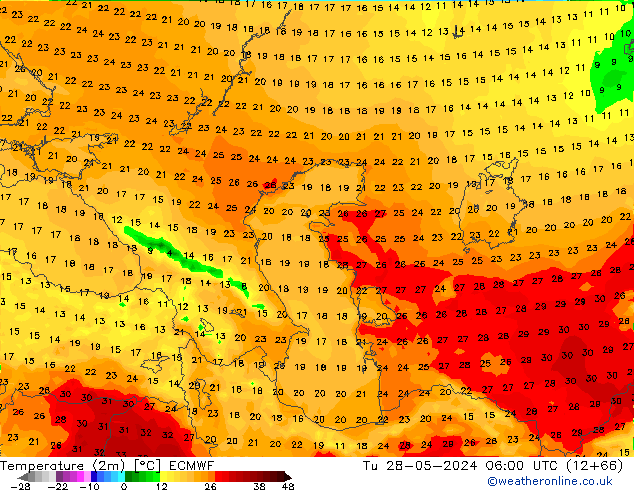 Temperature (2m) ECMWF Út 28.05.2024 06 UTC