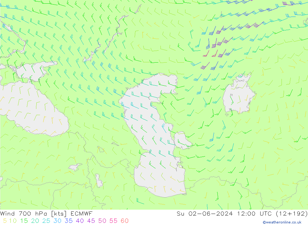 Wind 700 hPa ECMWF Su 02.06.2024 12 UTC