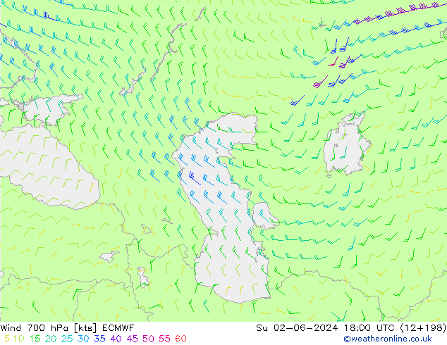 Wind 700 hPa ECMWF Su 02.06.2024 18 UTC