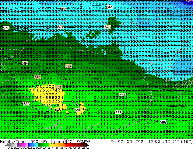 Z500/Rain (+SLP)/Z850 ECMWF 星期日 02.06.2024 12 UTC