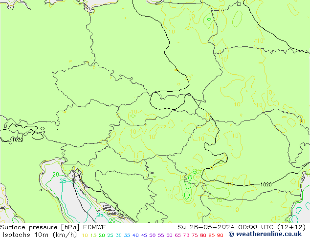 Isotachs (kph) ECMWF dim 26.05.2024 00 UTC