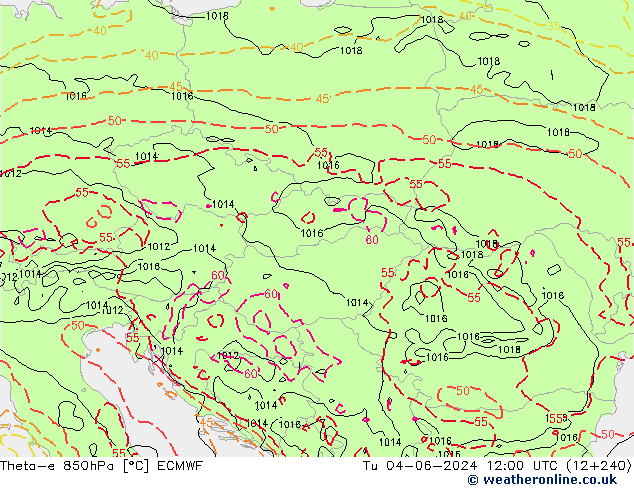 Theta-e 850hPa ECMWF Tu 04.06.2024 12 UTC