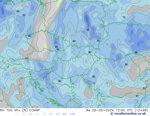 RH 700 hPa ECMWF Qua 29.05.2024 12 UTC