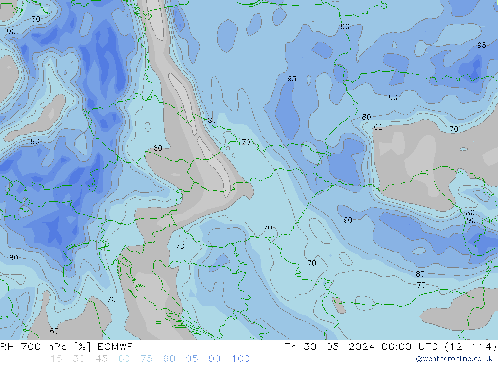 RH 700 гПа ECMWF чт 30.05.2024 06 UTC