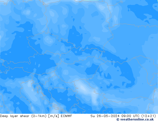 Deep layer shear (0-1km) ECMWF Su 26.05.2024 09 UTC