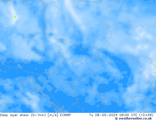 Deep layer shear (0-1km) ECMWF Út 28.05.2024 06 UTC